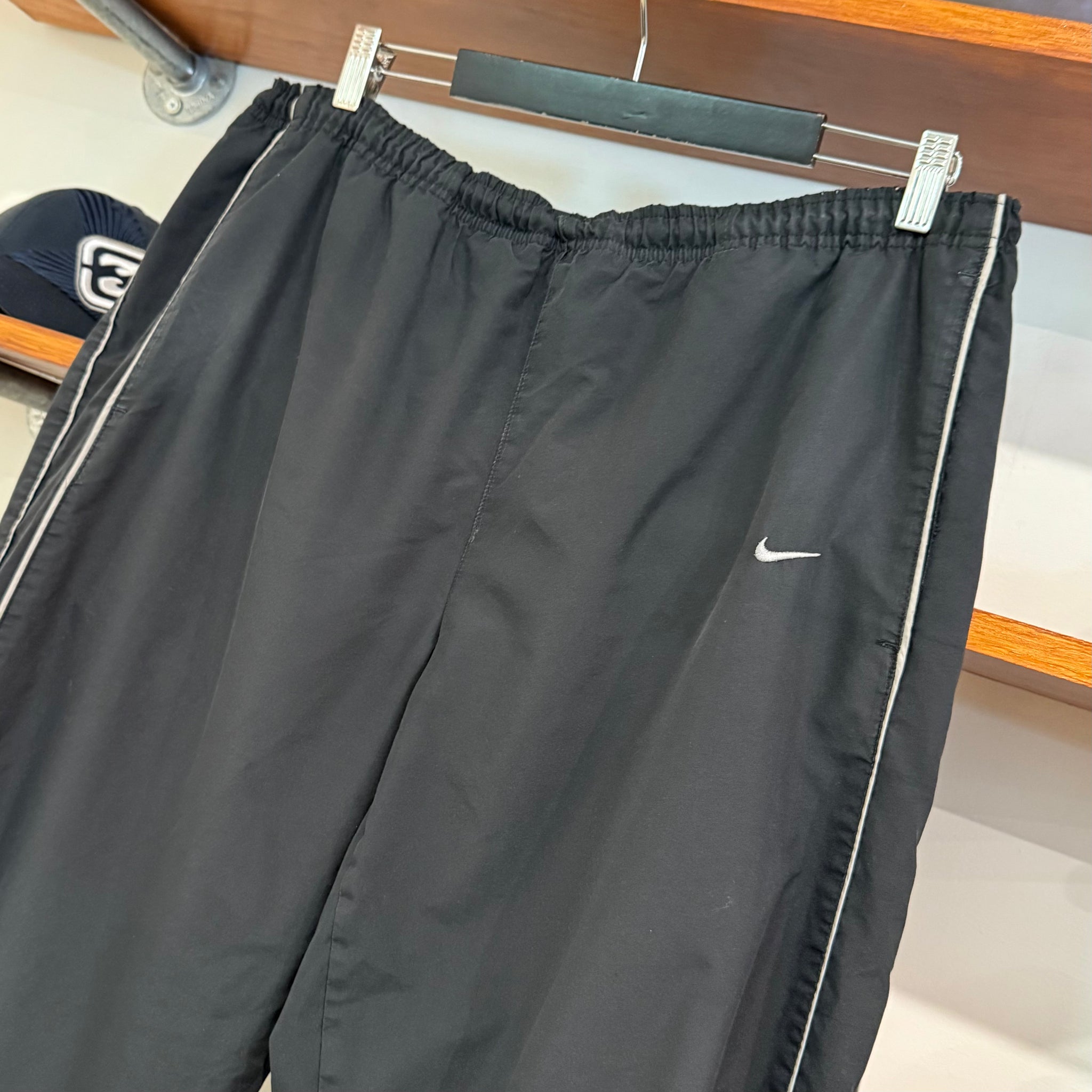 2000'S NIKE EMBROIDERED PIN-STRIPED TRACK PANTS - L