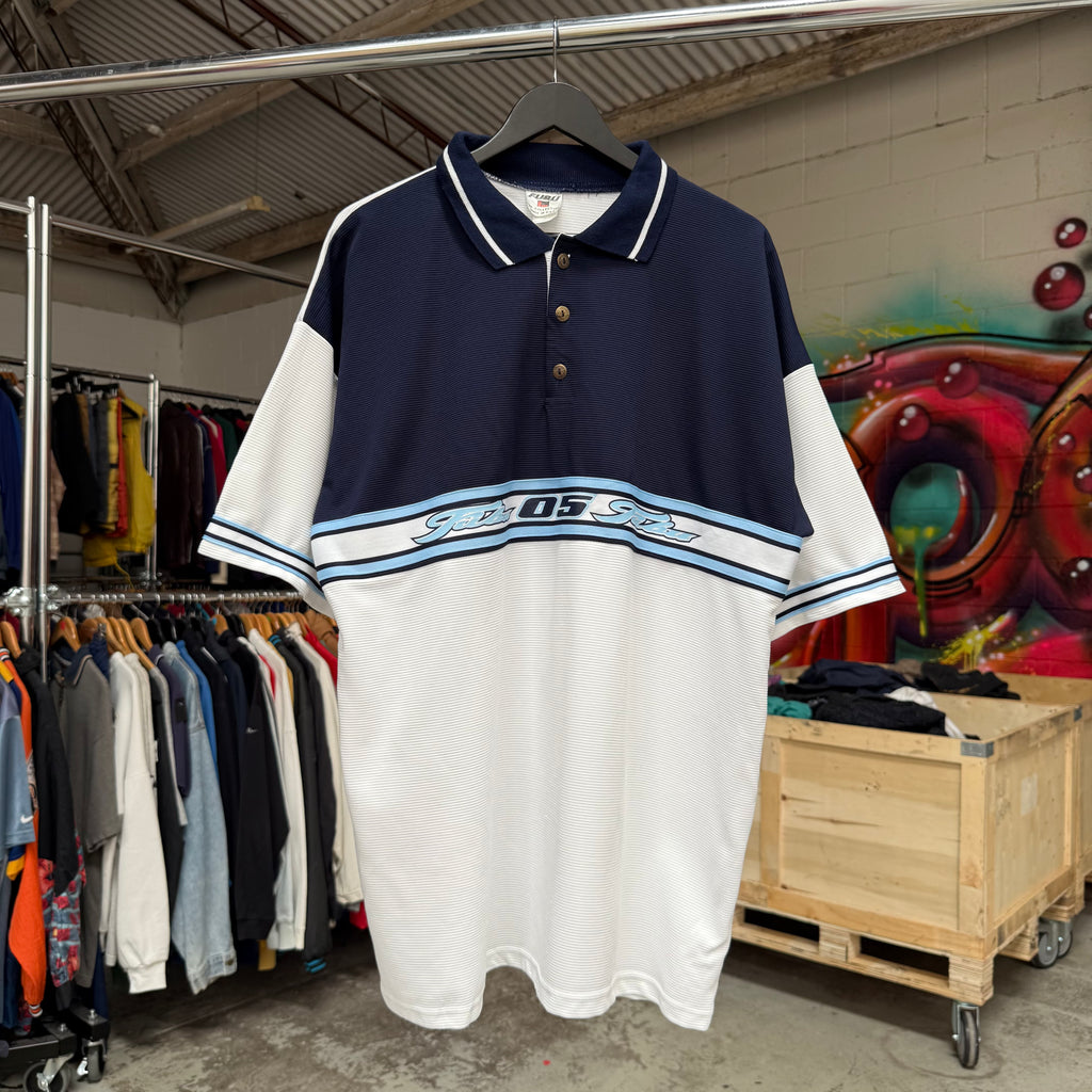 1990'S FUBU '05' TWO-TONE WAFFLE POLO SHIRT - XXL