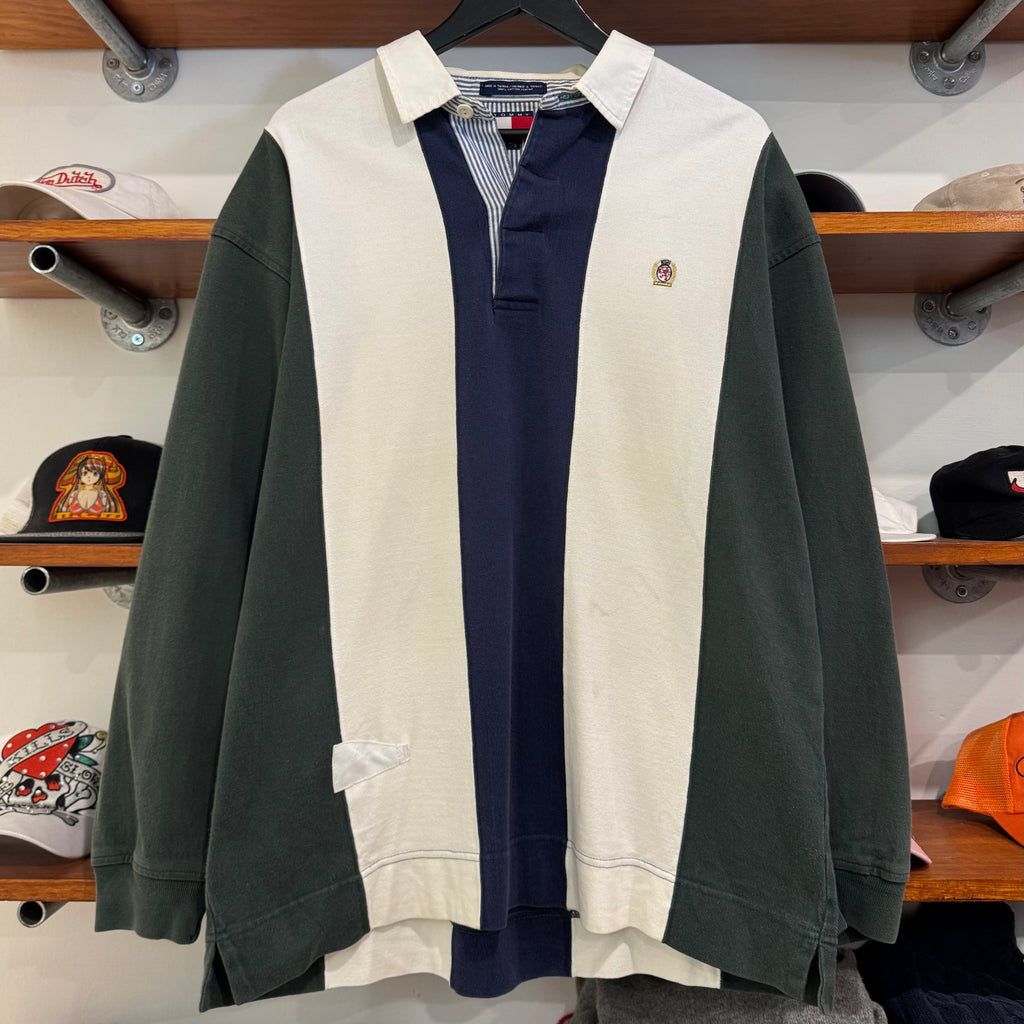 1990'S TOMMY HILFIGER CREST STRIPED RUGBY JUMPER - L