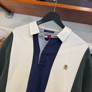1990'S TOMMY HILFIGER CREST STRIPED RUGBY JUMPER - L
