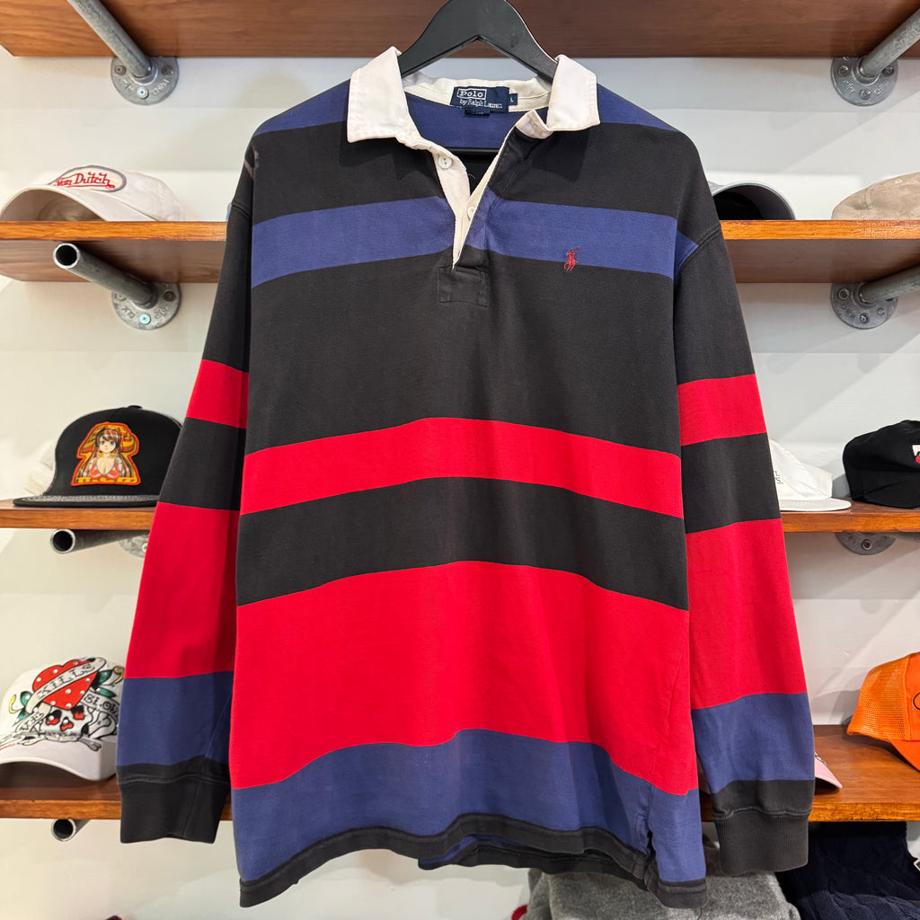 1990'S POLO RALPH LAUREN STRIPED RUGBY JUMPER - L