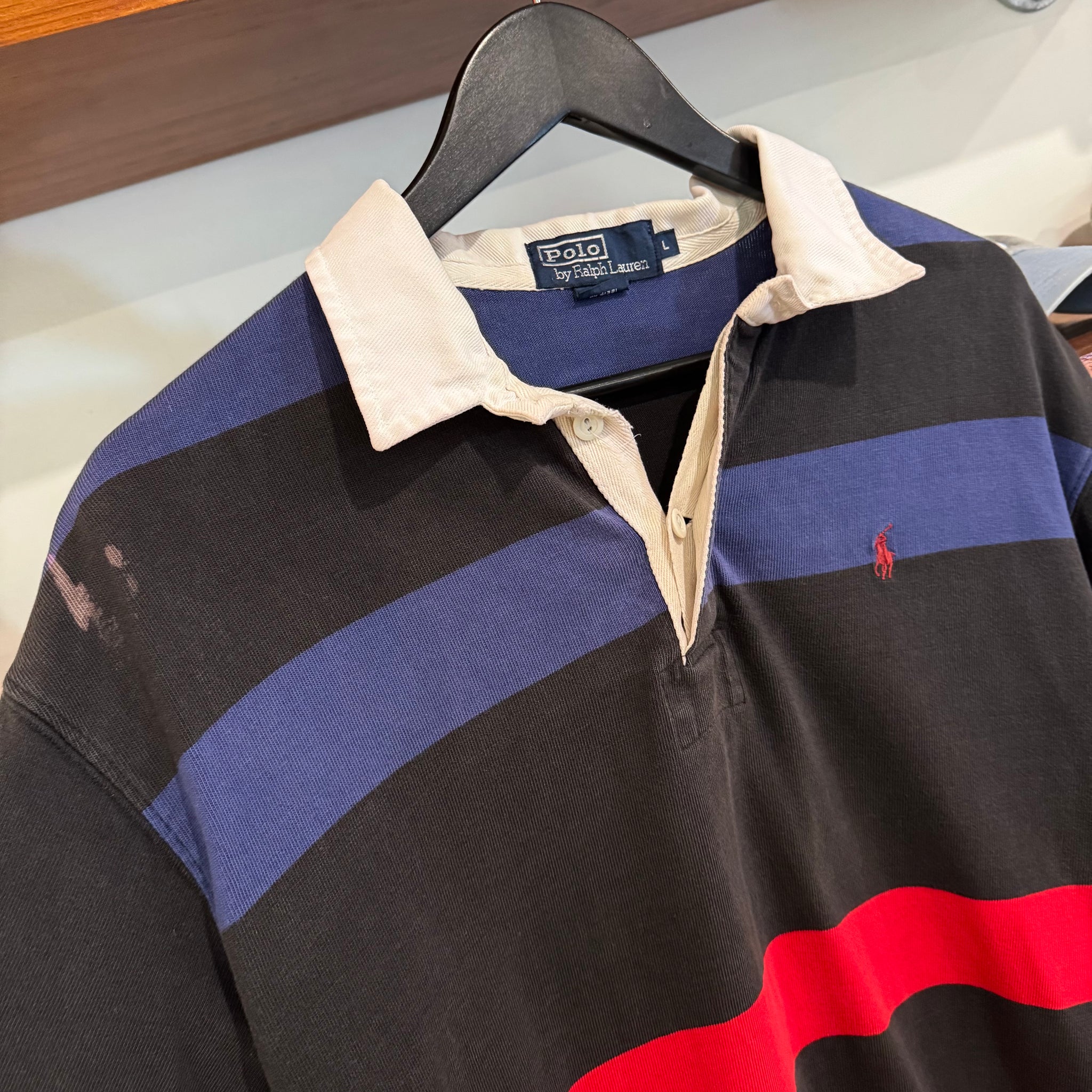 1990'S POLO RALPH LAUREN STRIPED RUGBY JUMPER - L