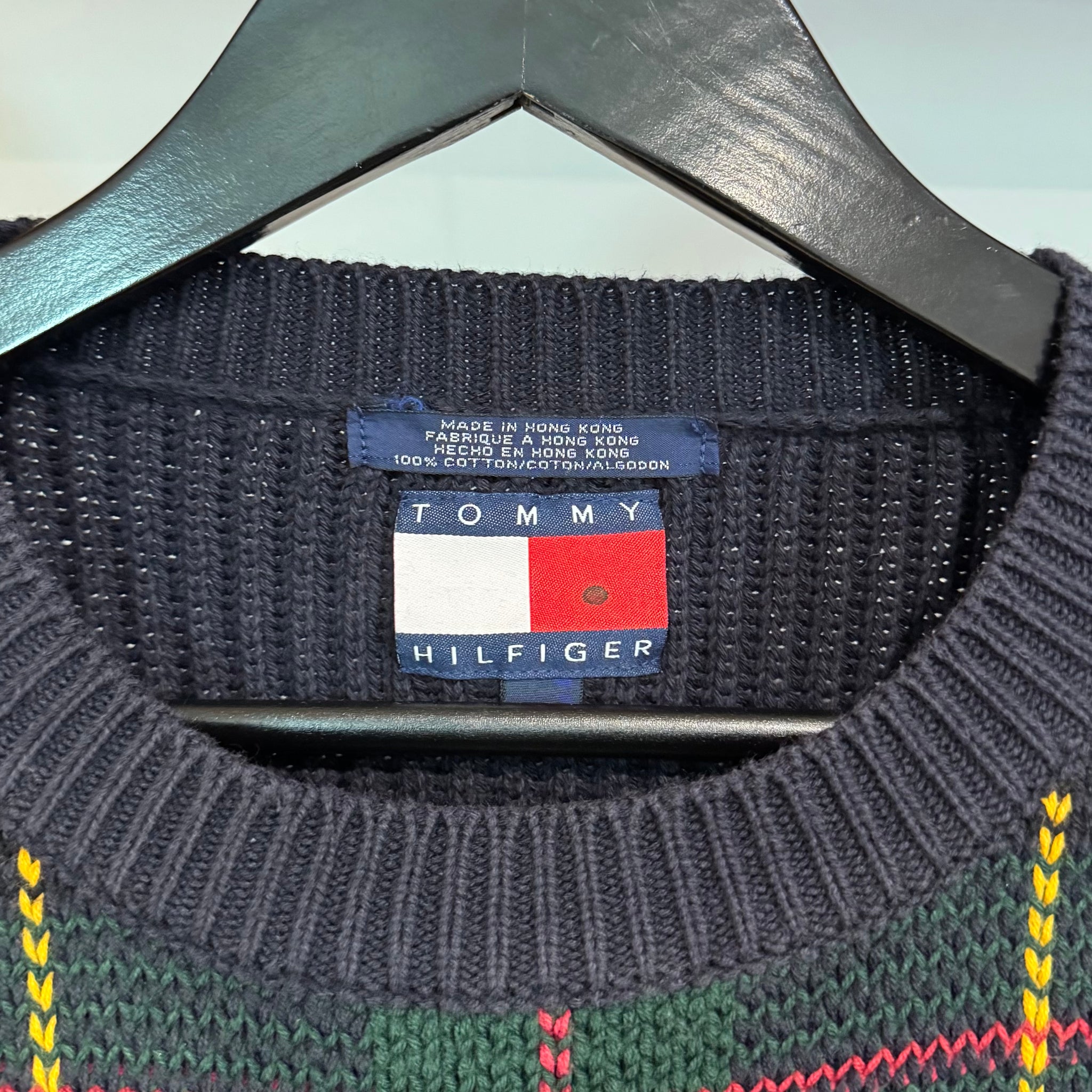 1990'S TOMMY HILFIGER PLAID KNIT SWEATER - L/XL