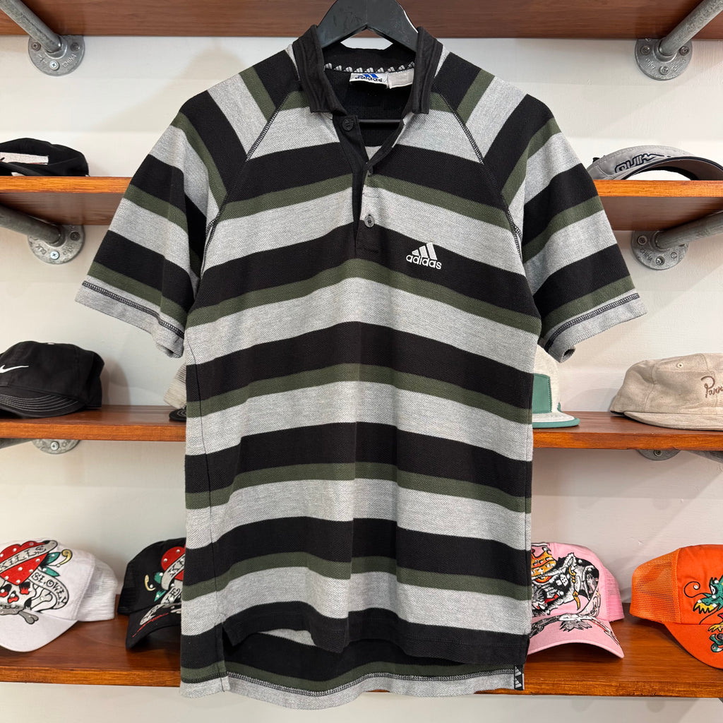 2000'S ADIDAS EMBROIDERED STRIPED POLO SHIRT - S/M
