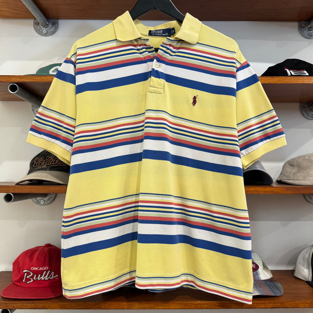 1990'S RALPH LAUREN PONY STRIPED POLO SHIRT - L