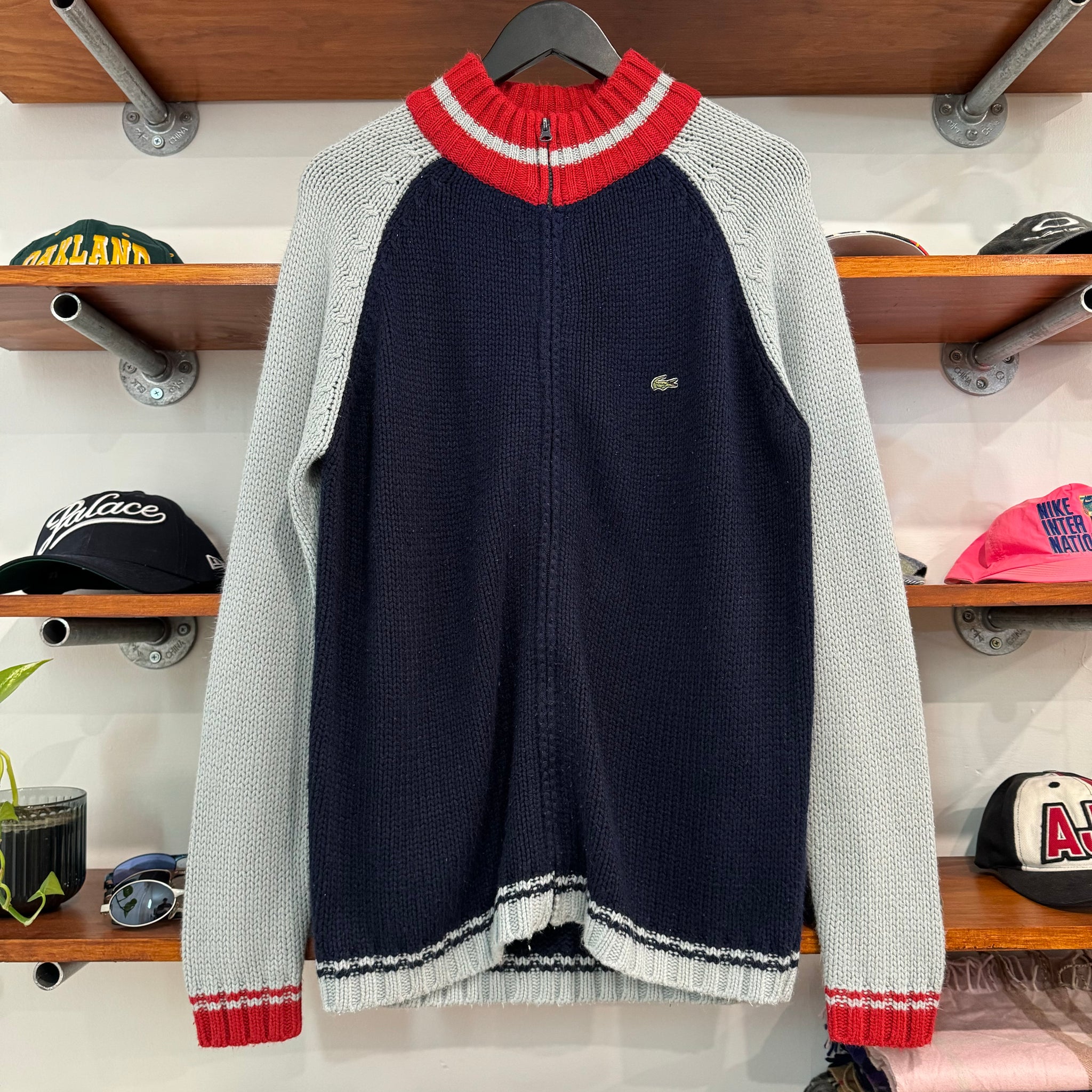 1990'S LACOSTE TRI-COLOUR KNIT JACKET - L